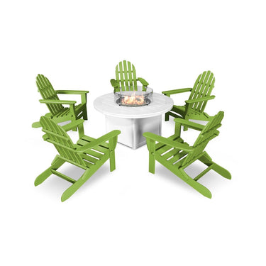 POLYWOOD Classic Folding Adirondack 6-Piece Conversation Set W/ Fire Pit Table - Lime / White